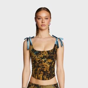 NWOT Motel ribbon tie corset top forest tapestry brown small s